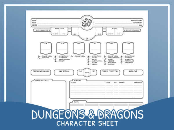 Dungeons and Dragons 5e Character Sheet in Simple Black and White Lines